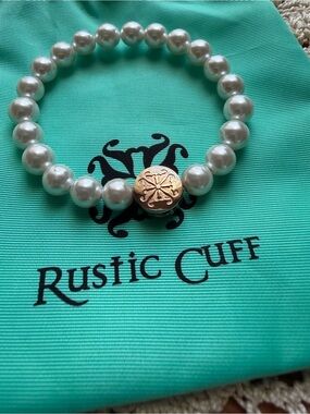 Rustic Cuff White Pearl Bracelet with Gold Button Accent Magnetic Closure